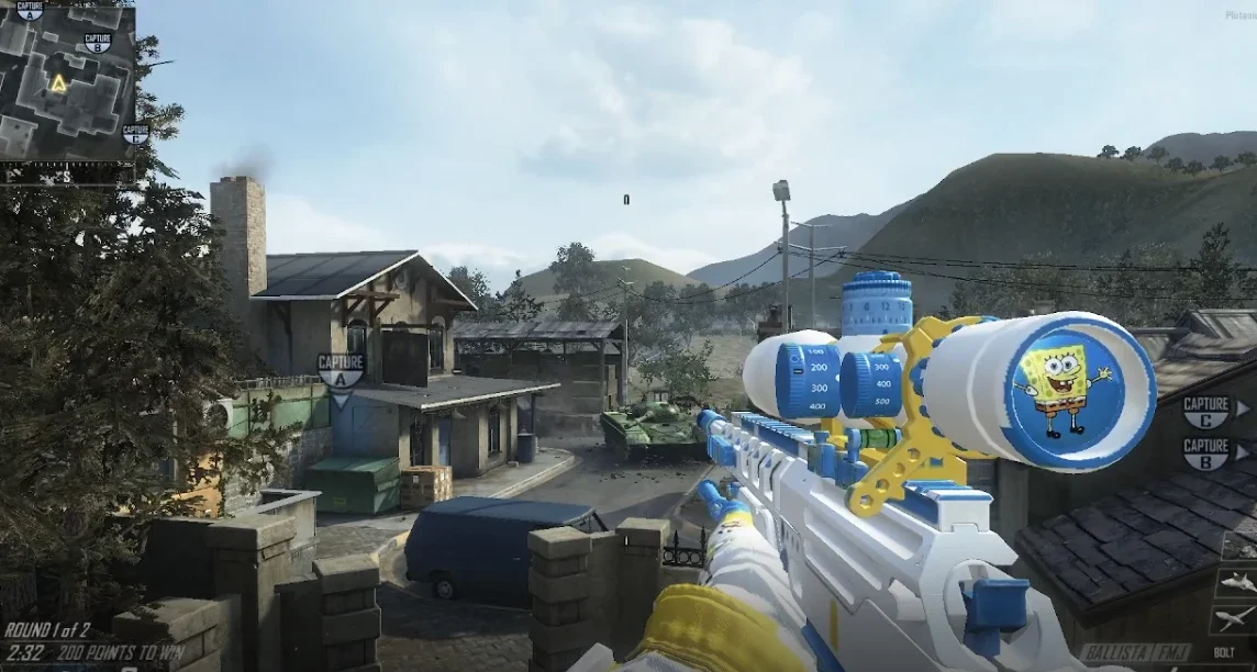 A Ballista sniper rifle in game, painted white, blue and yellow with a cartoon in the scope lens