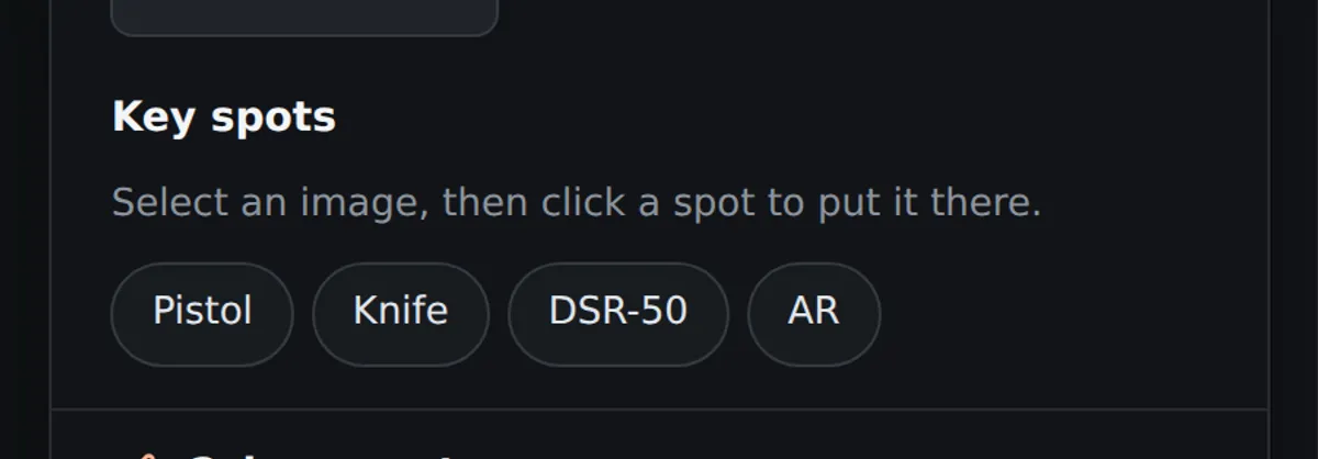 The key spot buttons: pistol, knife, DSR-50 and AR