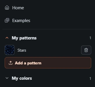 The menu at the top right, open on My patterns, with a starfield pattern named Stars saved and an Add a pattern button below it
