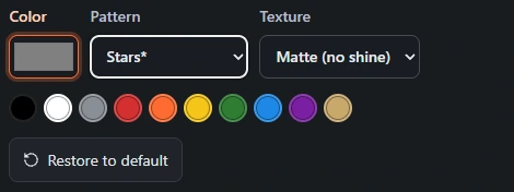 The part editor showing Color, Pattern set to Stars, and Texture set to Matte