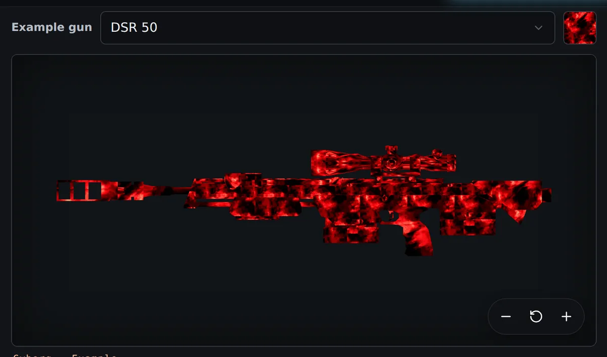 A generated camo shown on an example weapon in 3D