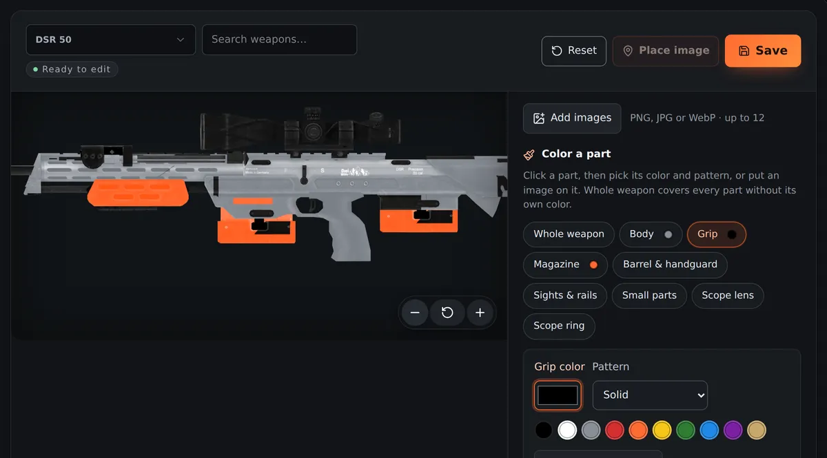 A sniper rifle in the 3D editor with parts being coloured